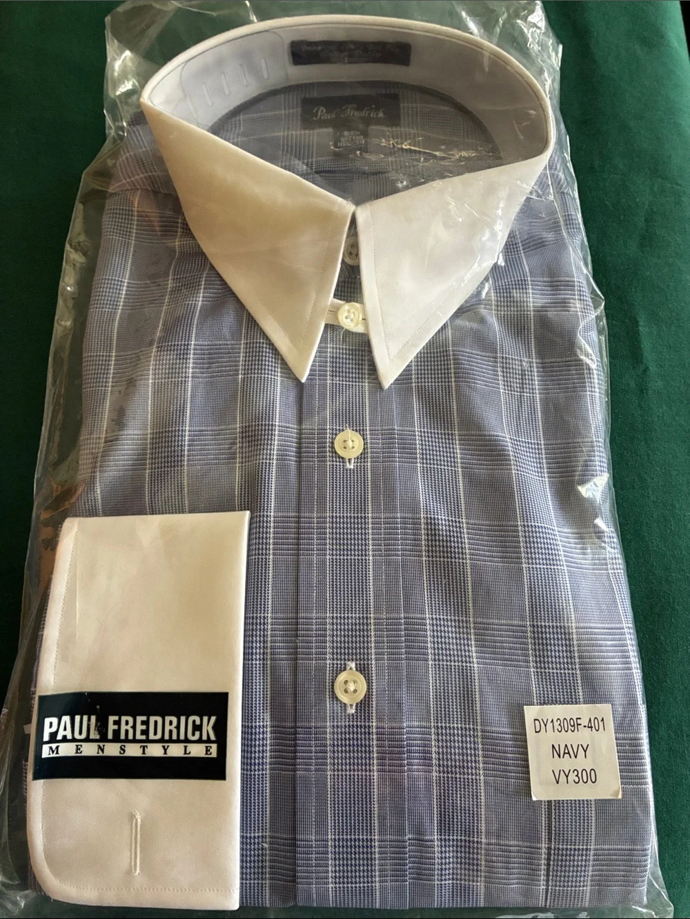 Paul Fredrick Navy Plaid Shirt with White Contrast Collar & Cuffs